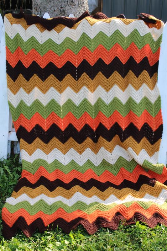 photo of retro fall colors chevrons crochet blanket, 1970s vintage granny ripple afghan #1