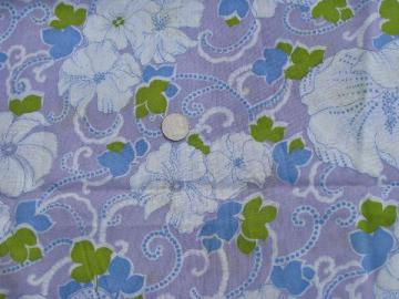 catalog photo of retro floral print 60s vintage cotton blend fabric, white flowers on lavender