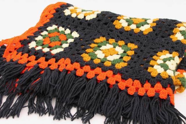 photo of retro fringe crochet afghan blanket, 70s vintage fall harvest colors & black #1