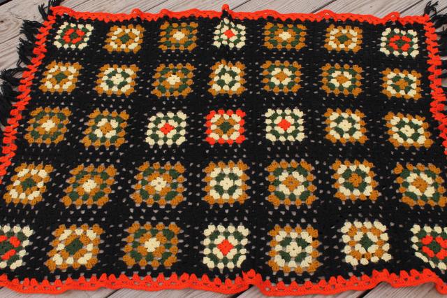 photo of retro fringe crochet afghan blanket, 70s vintage fall harvest colors & black #3