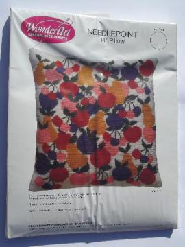 catalog photo of retro fruit needlepoint pillow kit, print canvas and wool tapestry yarn