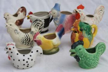 catalog photo of retro funky chicken figurines & cream pitchers, vintage ceramic chickens lot