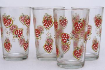 catalog photo of retro glass tumblers set, drinking glasses w/ red strawberries print, vintage Libbey glassware