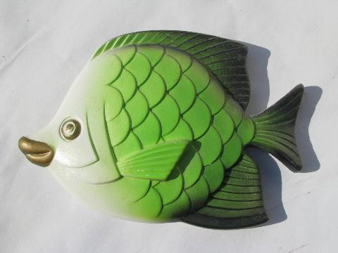 photo of retro green fish family, kissy goldfish wall plaques, vintage Miller chalkware #2