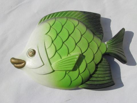 photo of retro green fish family, kissy goldfish wall plaques, vintage Miller chalkware #3