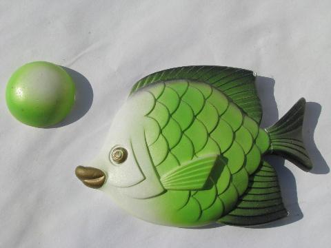 photo of retro green fish family, kissy goldfish wall plaques, vintage Miller chalkware #4