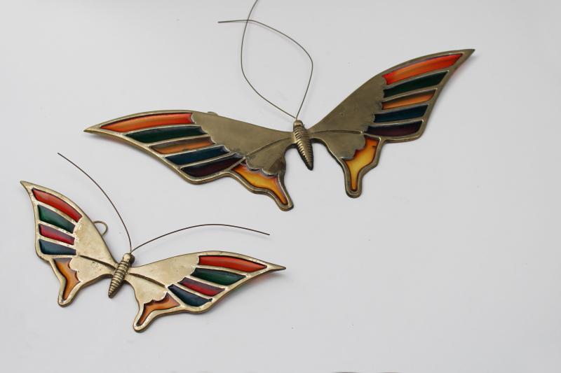 photo of retro hippie 'stained glass' brass butterflies wall art boho decor, vintage Enesco #1