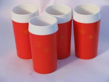 catalog photo of retro insulated plastic tumblers, thermoware style, mod atomic starburst on orange