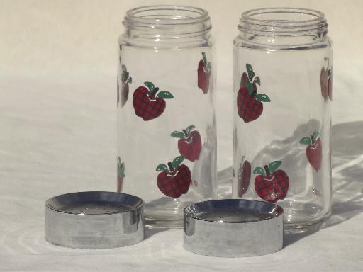 photo of retro kitchen glass S&P shakers, applejack tartan plaid red apple print #2