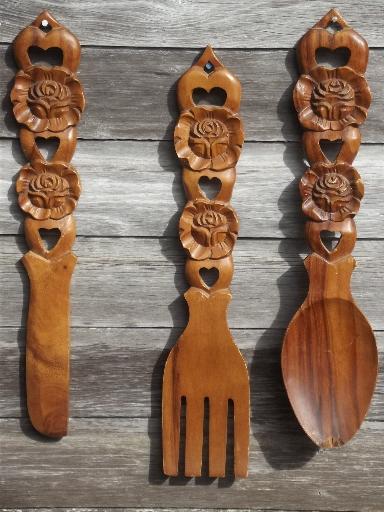 photo of retro kitchen wall art, big carved wooden forks & spoons, 60s 70s vintage tiki wood #2