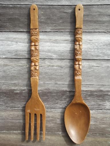 photo of retro kitchen wall art, big carved wooden forks & spoons, 60s 70s vintage tiki wood #4