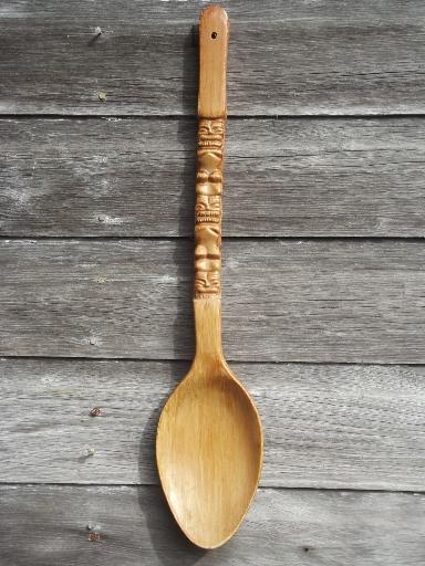 photo of retro kitchen wall art, big carved wooden forks & spoons, 60s 70s vintage tiki wood #7