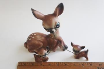 retro kitschy big eyed deer family, vintage Japan ceramic figurines mama & babies 