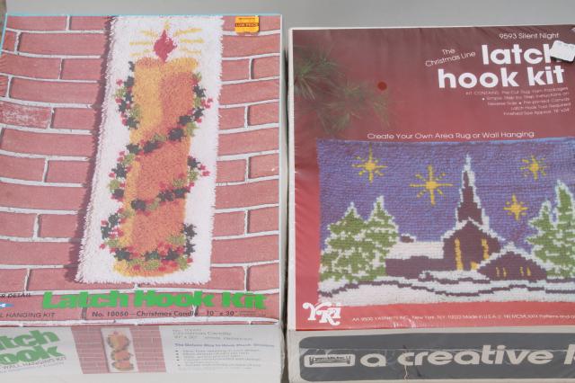 photo of retro latch hook rug wall hanging kits, complete sealed kit lot Christmas designs #1