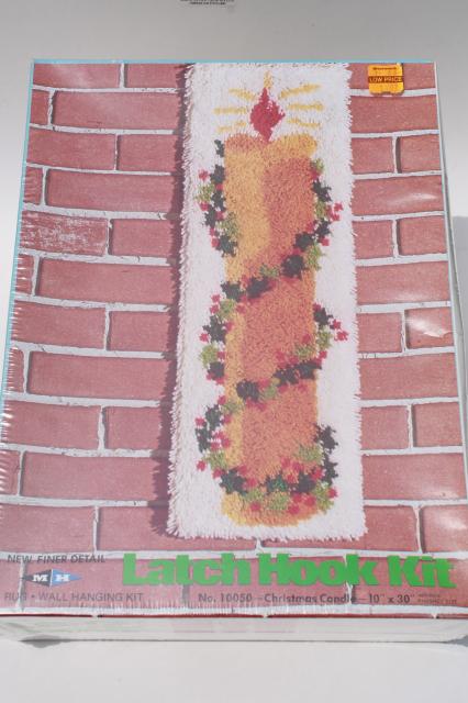 photo of retro latch hook rug wall hanging kits, complete sealed kit lot Christmas designs #3