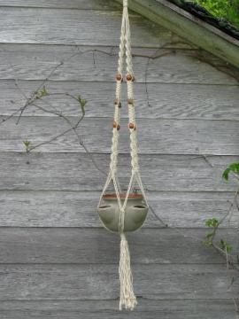 catalog photo of retro macrame plant hanger and pottery strawberry pot for kitchen herbs