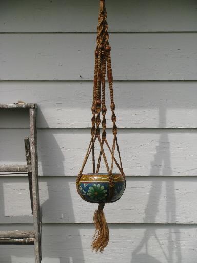 photo of retro macrame rope plant hanger w/ hand-painted Mexican pottery pot #1