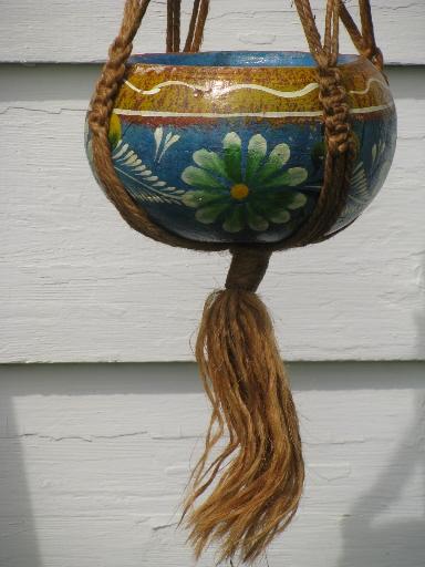 photo of retro macrame rope plant hanger w/ hand-painted Mexican pottery pot #2