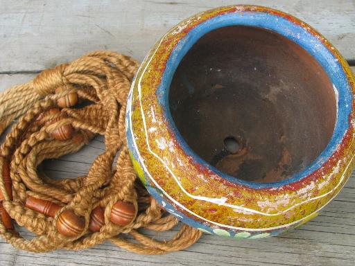 photo of retro macrame rope plant hanger w/ hand-painted Mexican pottery pot #6