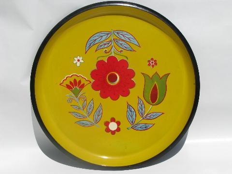 photo of retro melamine plastic serving tray, round w/ folk art bright flowers #1