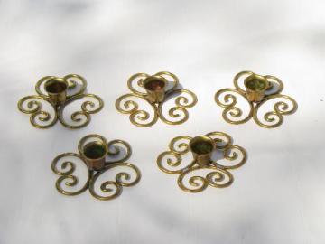 catalog photo of retro mod vintage flower shape brass scrollwork candle holders, Norway