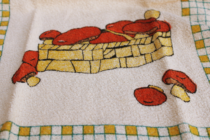 photo of retro mushroom print vintage cotton terrycloth kitchen towel, porcini mushrooms  #3
