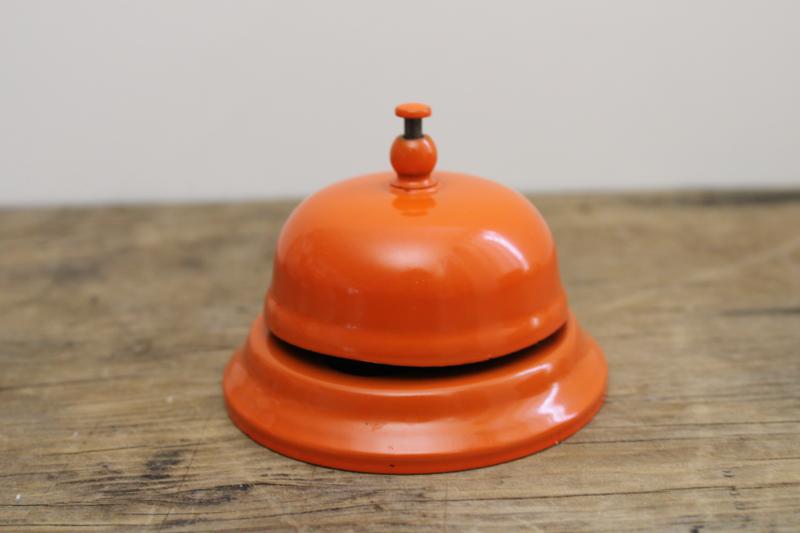 photo of retro orange metal desk bell, vintage store counter service bell, push bell #1