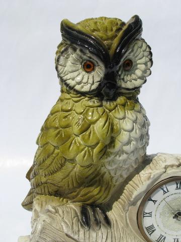 photo of retro owls, vintage figural desk or table clock, Lanshire electric movement #4