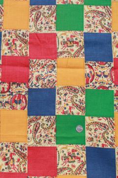 catalog photo of retro patchwork print vintage cotton fabric, lightweight barkcloth texture decorator material
