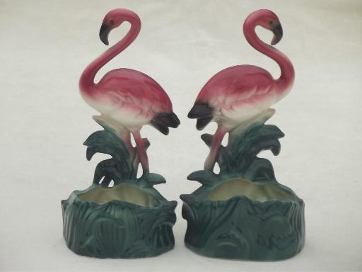 photo of retro pink flamingo pocket planters, mid-century vintage art pottery #4