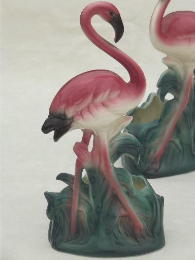 photo of retro pink flamingo pocket planters, mid-century vintage art pottery #8