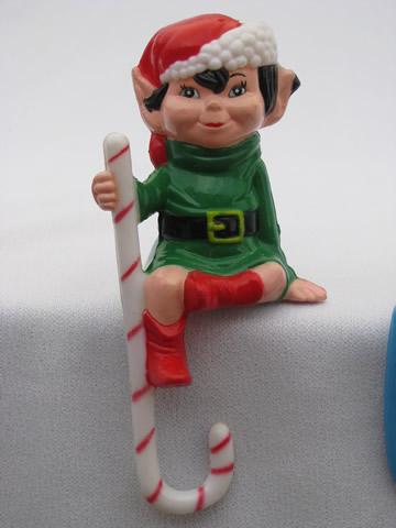 photo of retro plastic Santa, elves, Christmas figures shelf sitter stocking hooks #4