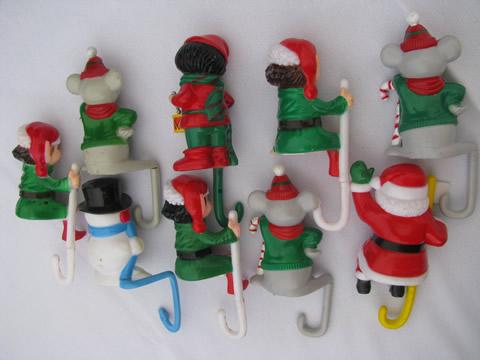 photo of retro plastic Santa, elves, Christmas figures shelf sitter stocking hooks #7