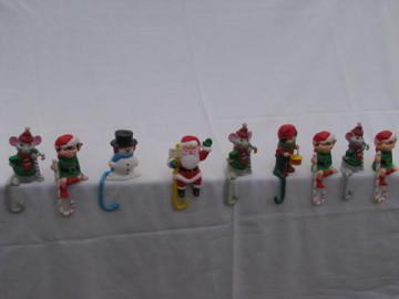 catalog photo of retro plastic Santa, elves, Christmas figures shelf sitter stocking hooks