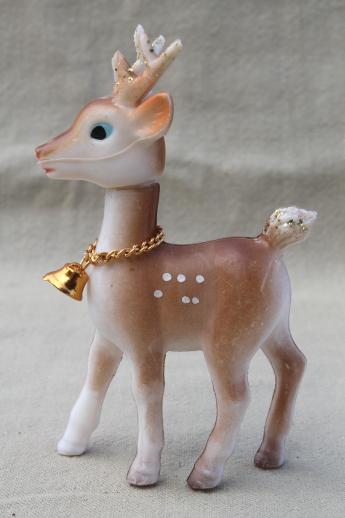 photo of retro plastic reindeer Christmas decorations, vintage Hong Kong baby deer w/ bells #2