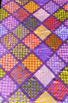 catalog photo of retro polyester tricot knit silky fabric, disco vintage groovy checkerboard squares print