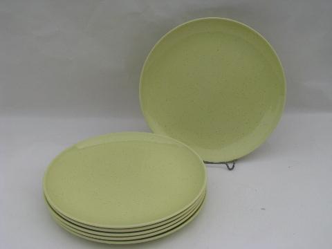 photo of retro pottery salad plates, mid-century mod sand tan speckle on yellow #1