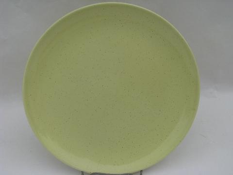 photo of retro pottery salad plates, mid-century mod sand tan speckle on yellow #2