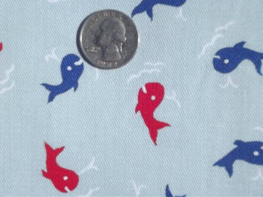 photo of retro preppy whale print cototn twill fabric, nautical red, white & blue #1