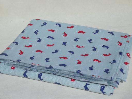 photo of retro preppy whale print cototn twill fabric, nautical red, white & blue #2