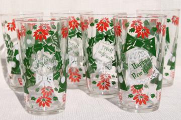 catalog photo of retro print vintage glass tumblers for the holidays, Merry Christmas Happy New Year drinking glasses 