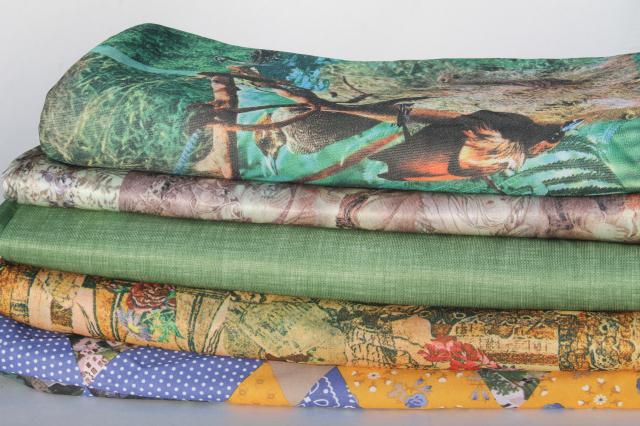 photo of retro prints 70s vintage poly tricot fabric lot, stretch knit polyester #1