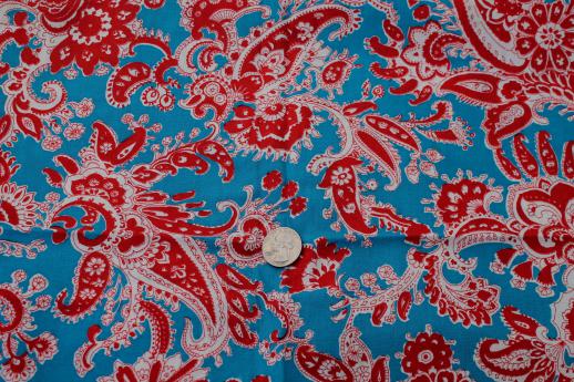 photo of retro red & aqua turquoise blue paisley print cotton fabric, 1950s vintage #1