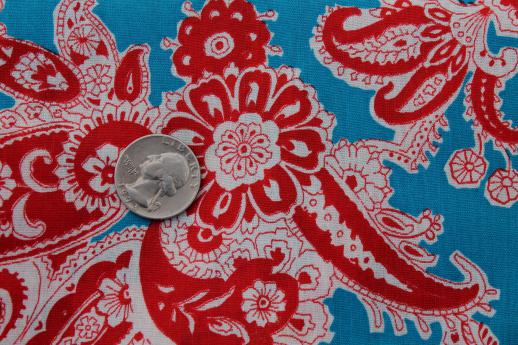 photo of retro red & aqua turquoise blue paisley print cotton fabric, 1950s vintage #2