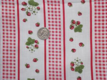 catalog photo of retro red gingham strawberry stripe print cotton fabric, 70s 80s vintage