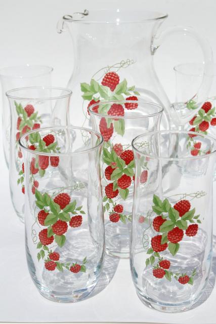 photo of retro red raspberry iced tea or lemonade set, glass pitcher & drinking glasses #1