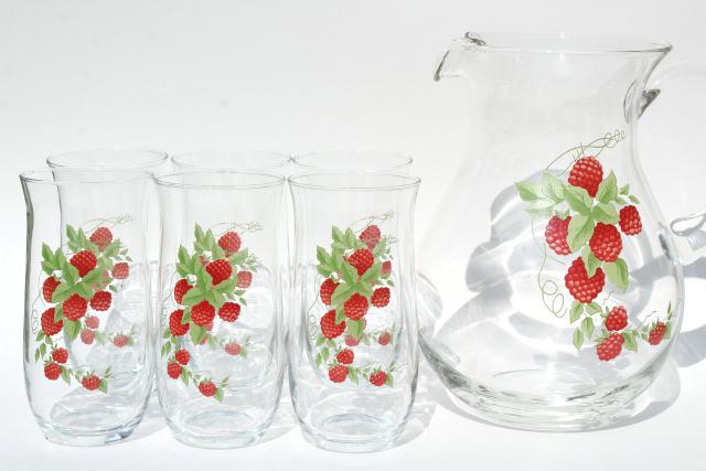 photo of retro red raspberry iced tea or lemonade set, glass pitcher & drinking glasses #3