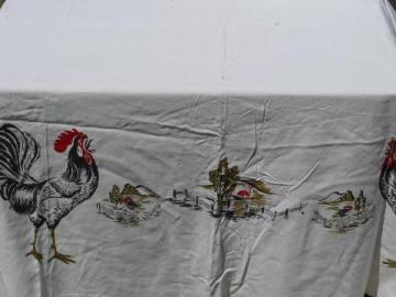 catalog photo of retro roosters, vintage California Hand Prints printed kitchen tablecloth