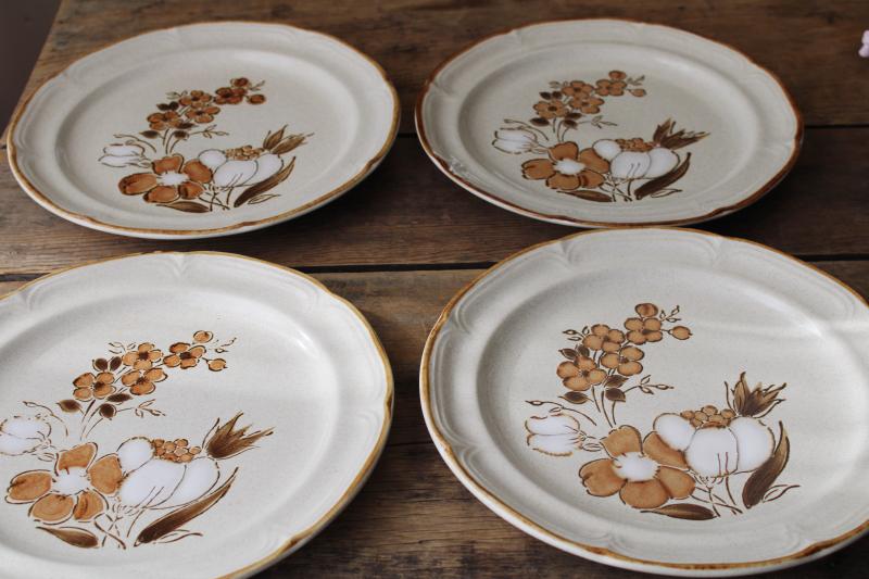 photo of retro stoneware dinner plates set, vintage Japan Hearthside latte brown floral #1