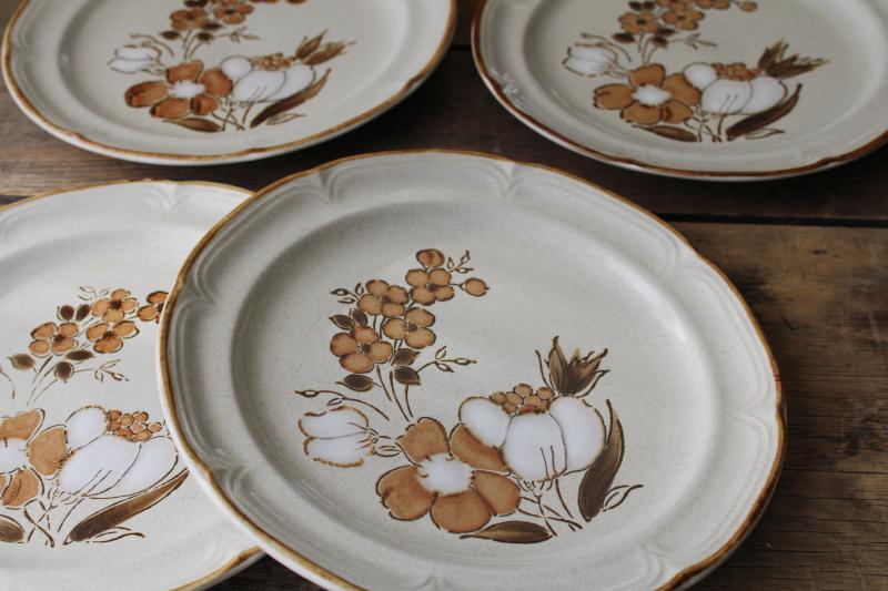 photo of retro stoneware dinner plates set, vintage Japan Hearthside latte brown floral #2